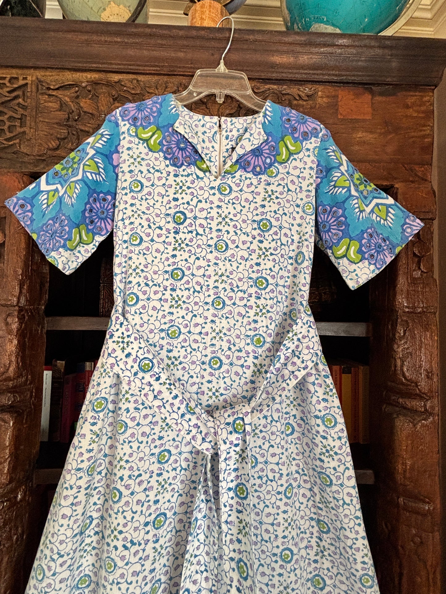 Vintage 1960s to 1970s Maxi Dress - Designer Ramona Rull Boho Blue Purple Lime Cotton Block Print Belted Gown Size XS to M