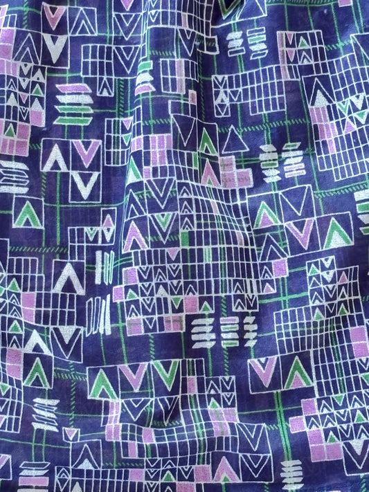 Vintage 1970s Dress - Slinky Crepe Blue Tie-Shoulder Geometric V Novelty Print Sundress Size XS to L