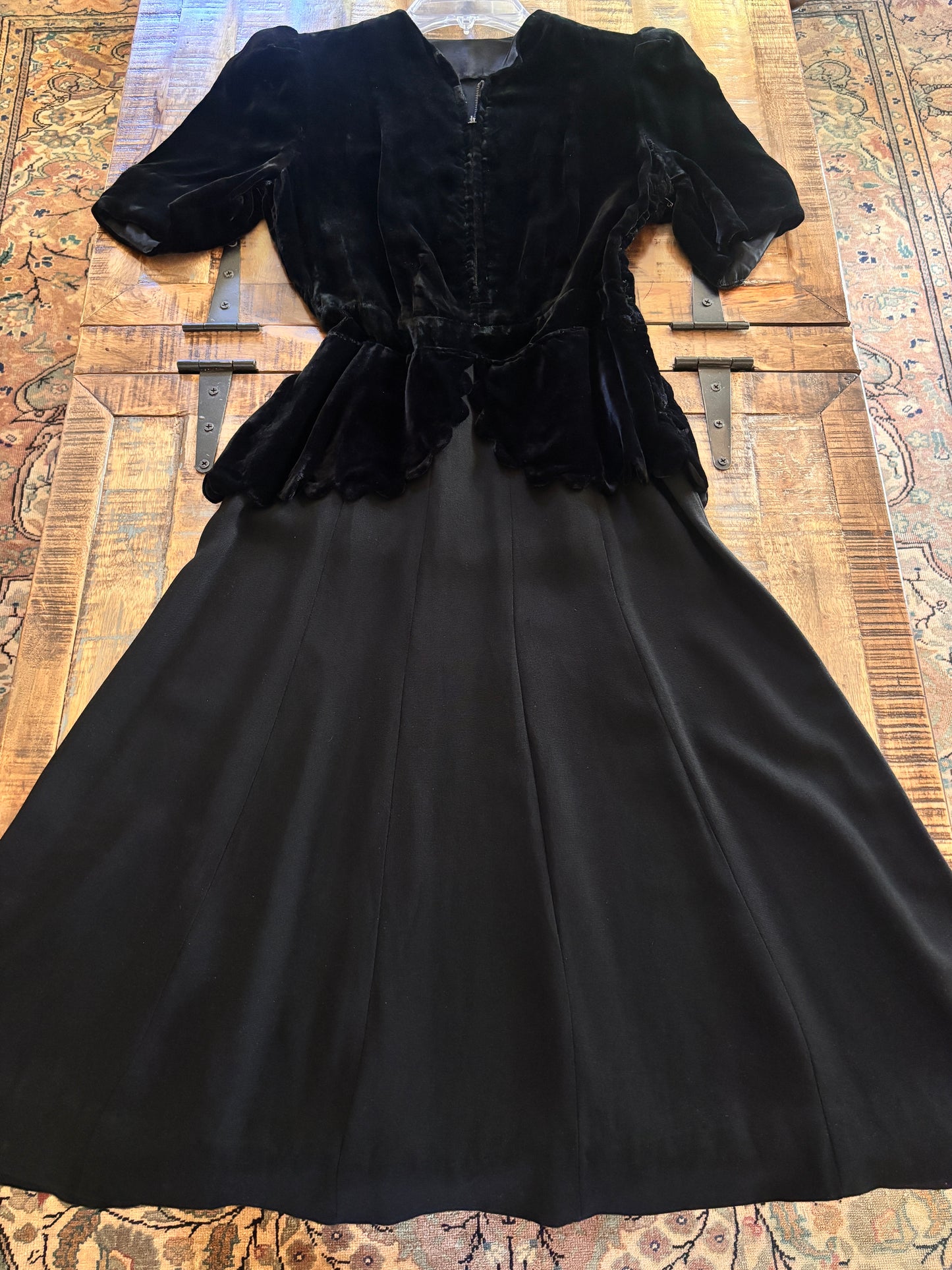 Vintage 1930s Zipper Front Dress - Goth Black Silk Velvet + Matte Rayon Peplum Cocktail Dress Size S