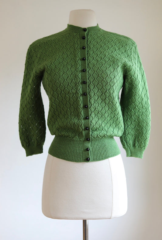 Vintage 1940s to 1950s Olive Green Sweater - Hand-Knit Wool w Black Bakelite Buttons Wasp Waist RARE Size S - M