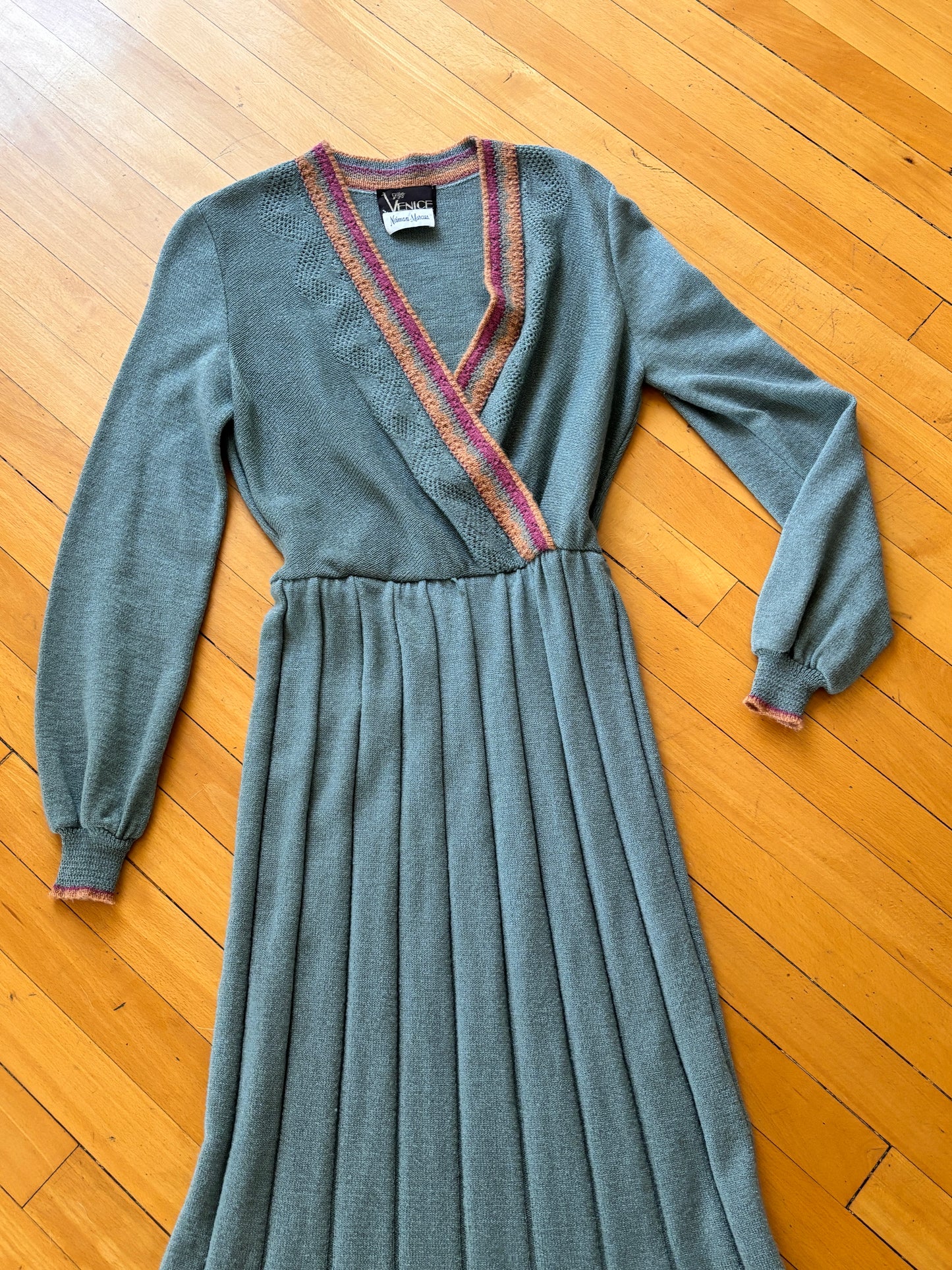 Vintage 1970s does 1940s Knit Dress - Neiman-Marcus Sea Foam Designer Knitwear w Pumpkin Plum Size S to L