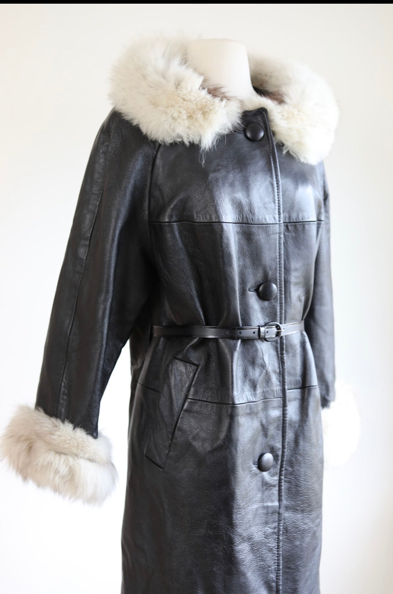 Vintage 1960s to 1970s Leather + Fox Coat - Luxe Black + Silver Arctic Fur Trench Size M to L