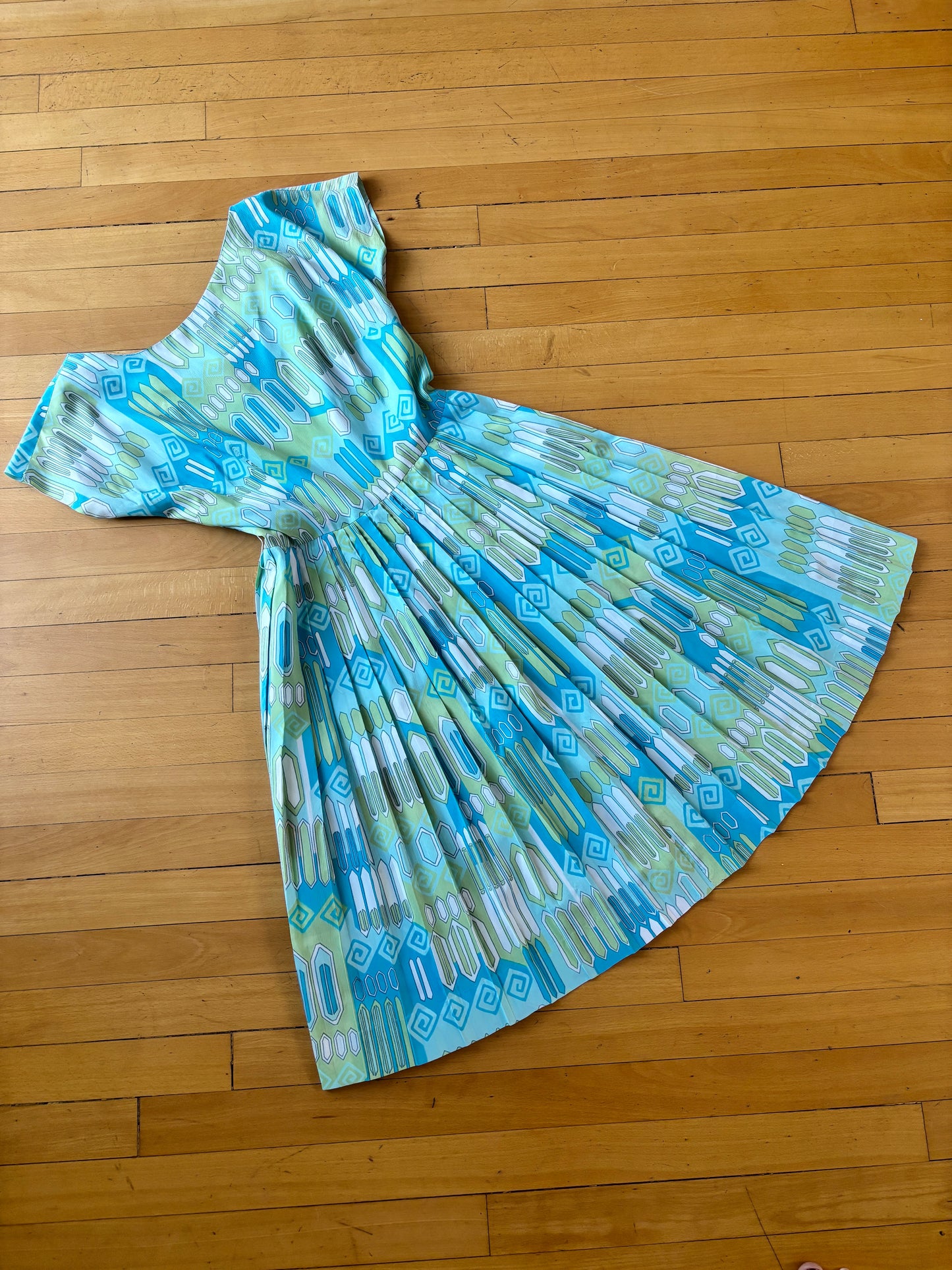 Vintage 1960s Dress - Midcentury Modern Print Blue Lime Aqua "Candy Jrs." Full Skirt Dress Size M