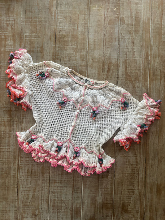 Vintage 1970s 1980s Crochet Blouse - Hand-Made Lim's Pastel Fever Dream 3D Cardigan Top Size XS to M