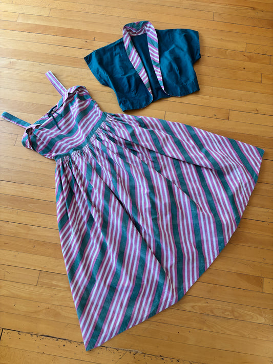 Vintage 1940s Dress Set - Zippy Forest Green Plum-Pink Chambray Cotton Bias Stripe Sundress + Bolero Size M to L
