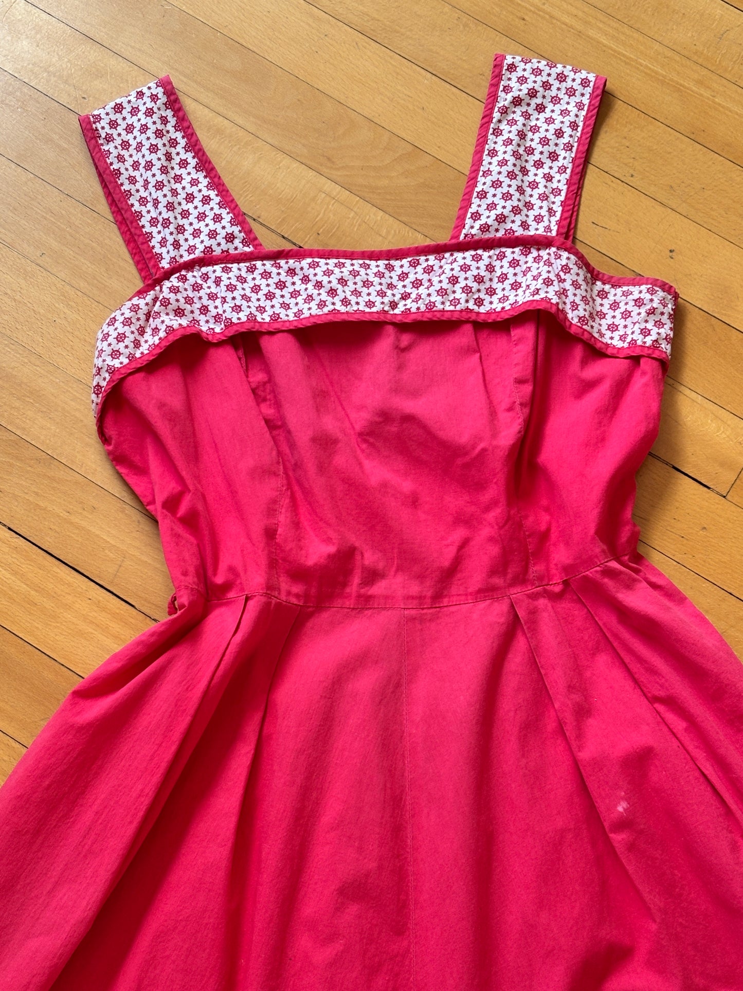 Vintage 1940s Dress - Darling Novelty Ship's Wheel Cotton Rose Pink White Sundress Size L to XL