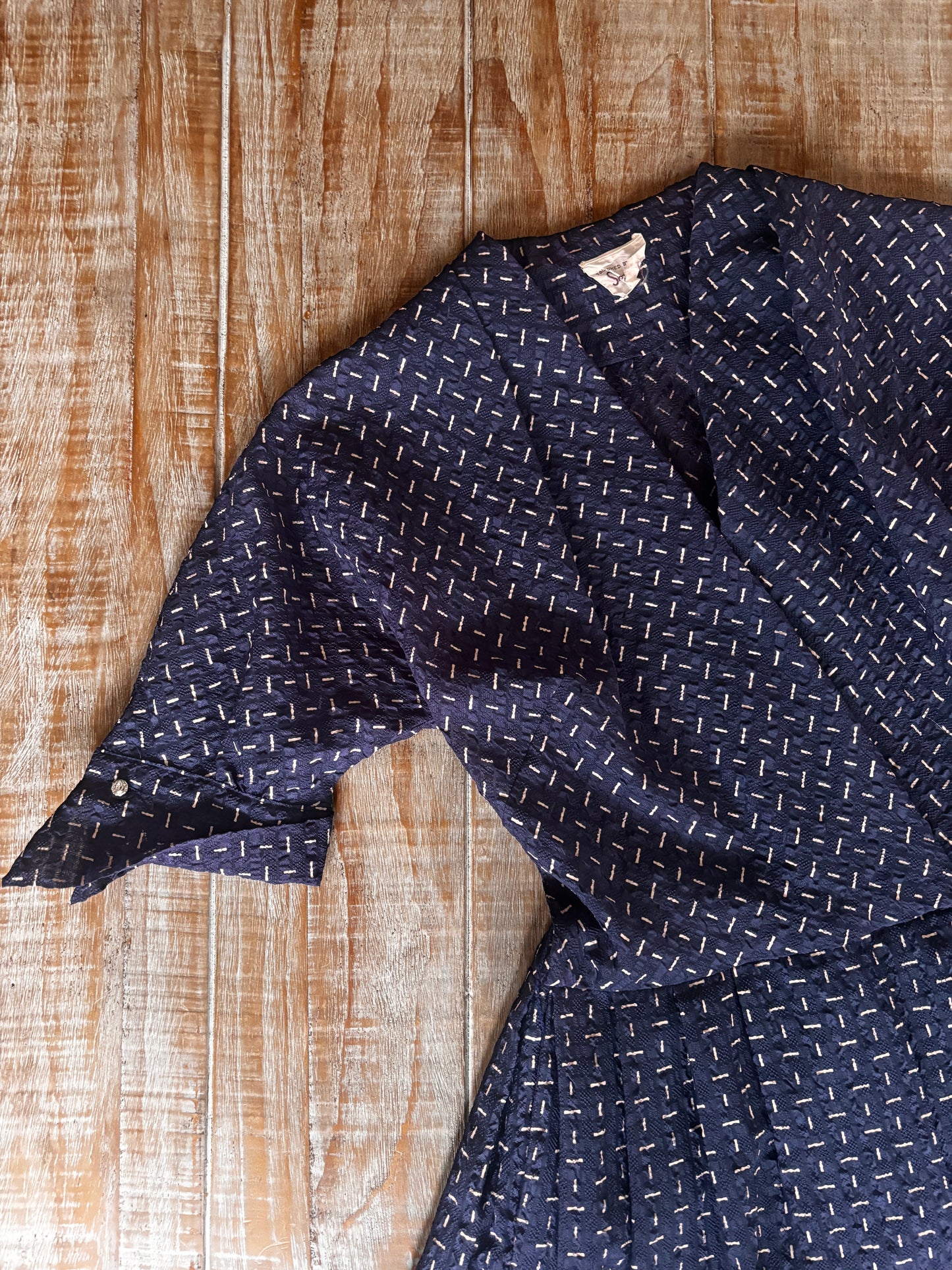 Vintage 1950s Dress - Sheer Midnight Blue Bias Seersucker w White "Bone" Print Size M to L