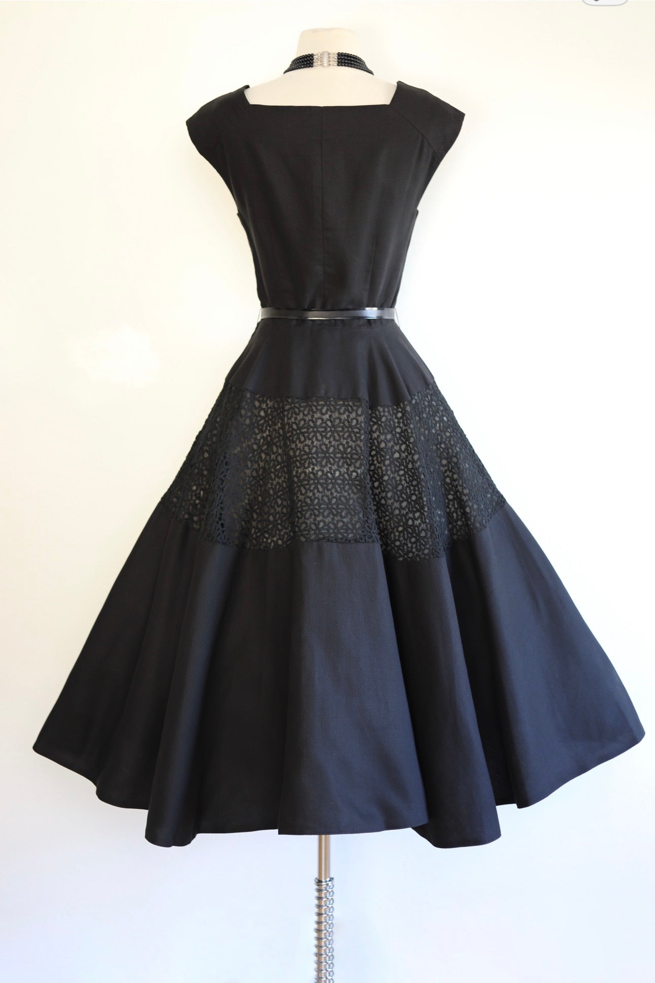 Vintage 1950s Couture Dress - Martini Designed Sylvan Rich Black Cotton Pique w Lace Daisy Inserts + Velvet Sundress Size S