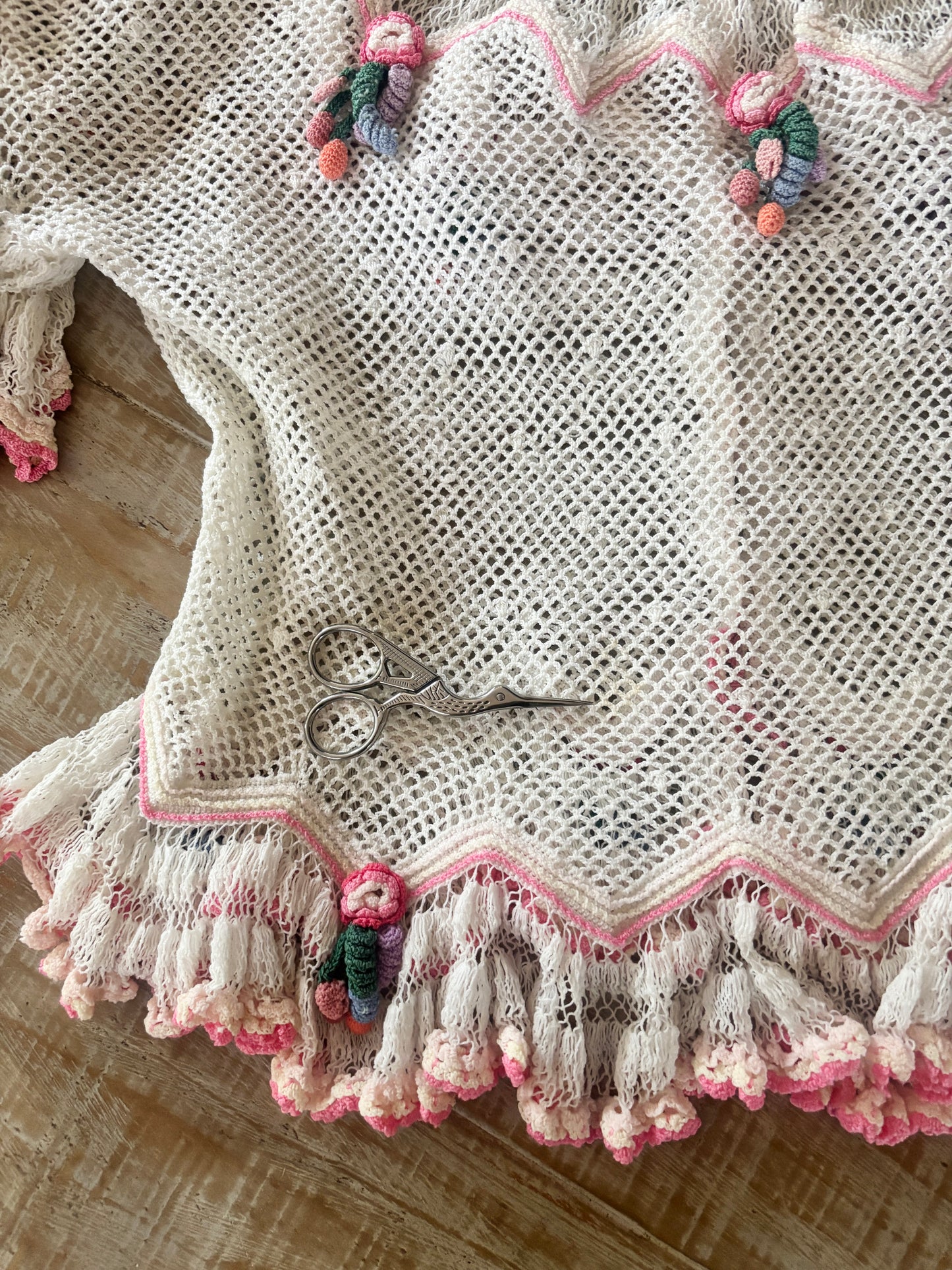 Vintage 1970s 1980s Crochet Blouse - Hand-Made Lim's Pastel Fever Dream 3D Cardigan Top Size XS to M