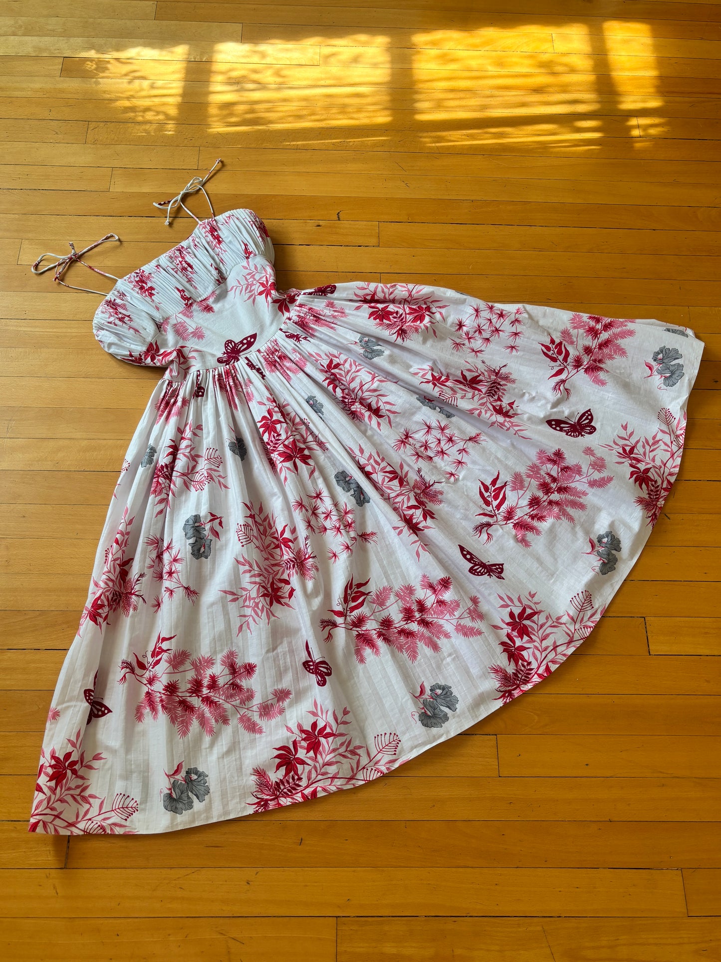 Vintage 1950s Dress - Rare + Amazing Tropical/Hawaiian Butterfly + Pine + Bamboo Novelty Print Pink Red Cotton Sundress Size XS to S