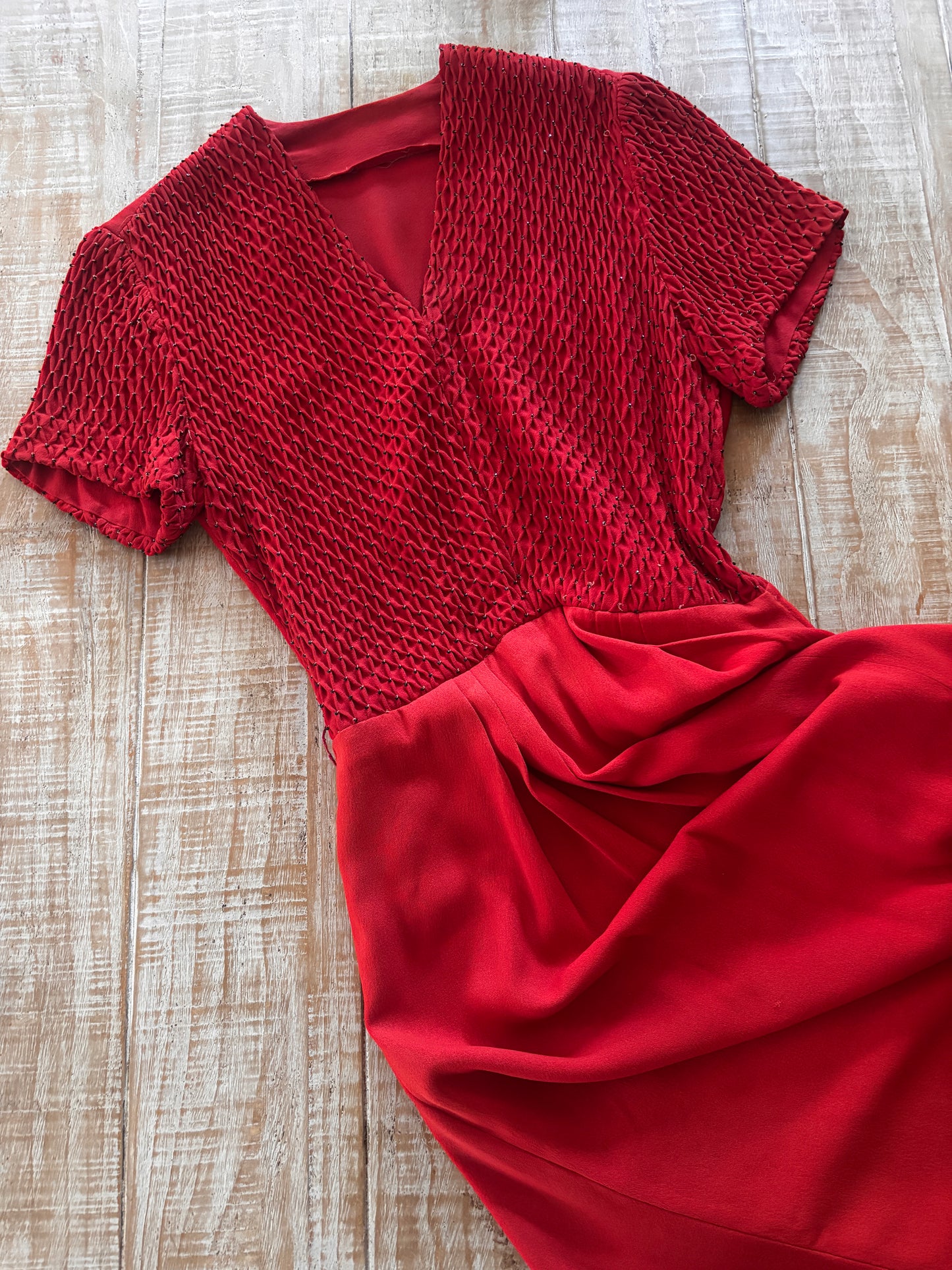 Vintage 1940s Gown - Spectacular Scarlet + Black Rayon Crepe Full Length Dress w Beading Size M