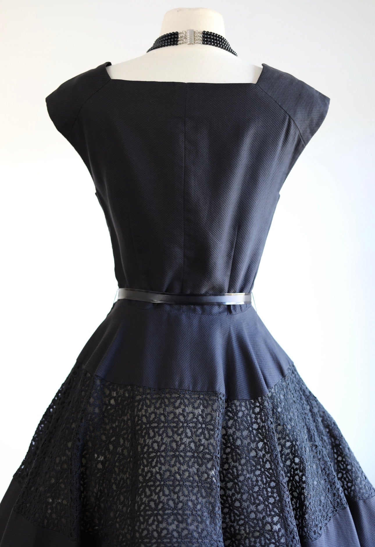 Vintage 1950s Couture Dress - Martini Designed Sylvan Rich Black Cotton Pique w Lace Daisy Inserts + Velvet Sundress Size S