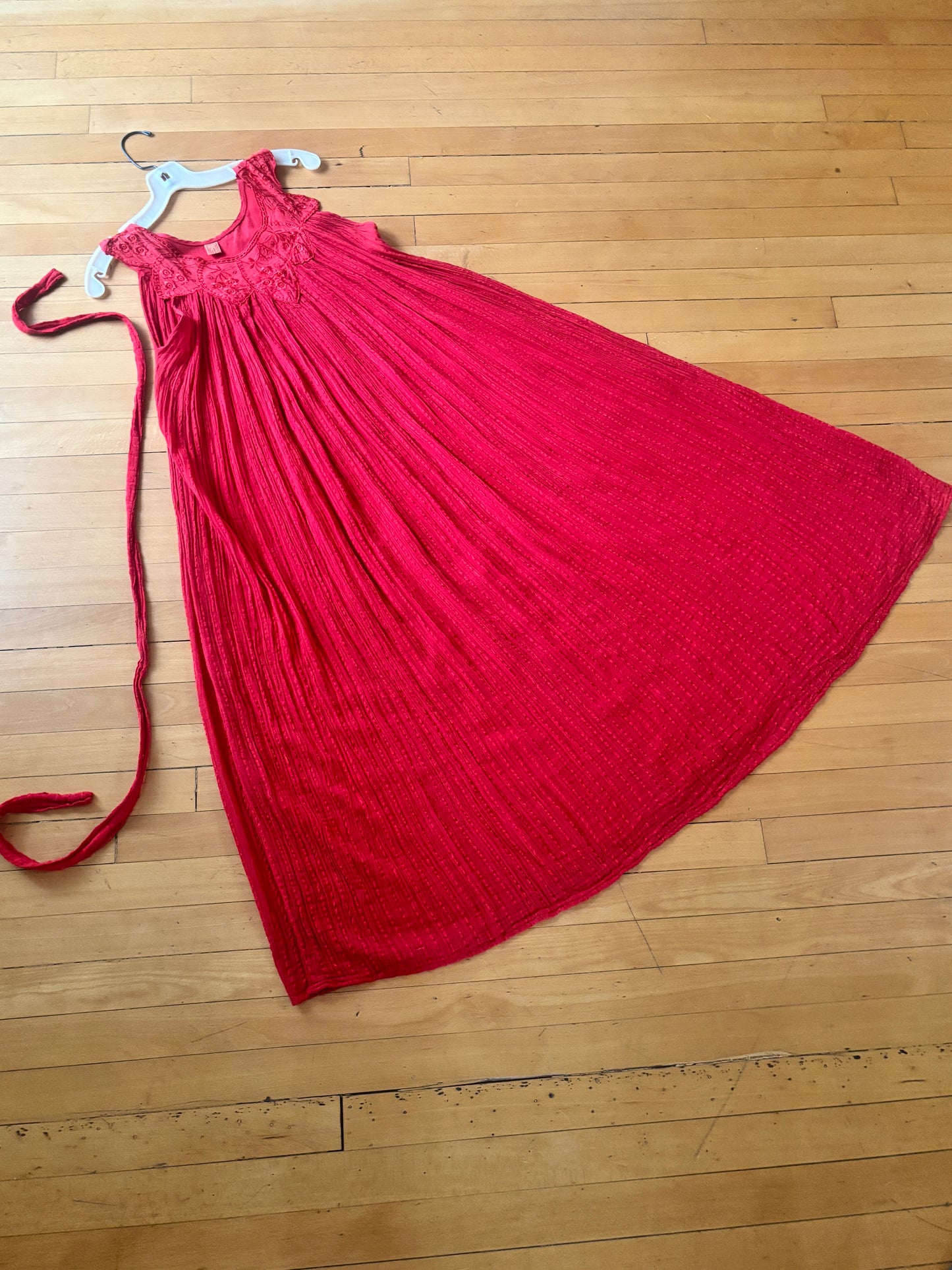 Vintage 1970s to 1980s Maxi Dress - Greek Gauze Cotton Red Embroidery Eyelet Roses Kaftan Crinkle w Belt Fits S to L