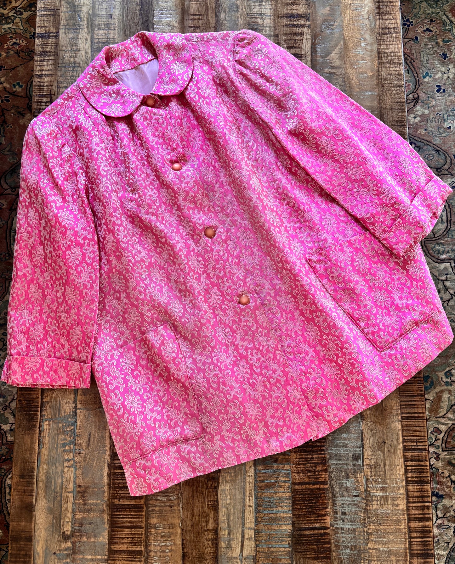Vintage 1960s Cocktail Jacket - Barbie Box Pink Brocade Boxy Swing Coat w Pockets Size M to L