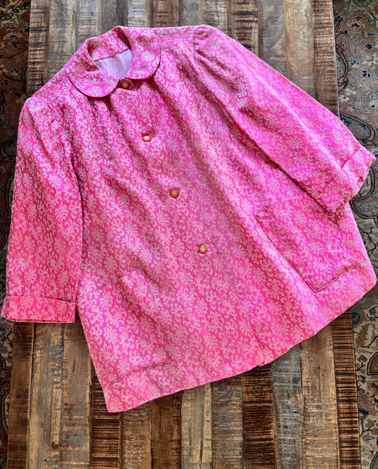 Vintage 1960s Cocktail Jacket - Barbie Box Pink Brocade Boxy Swing Coat w Pockets Size M to L