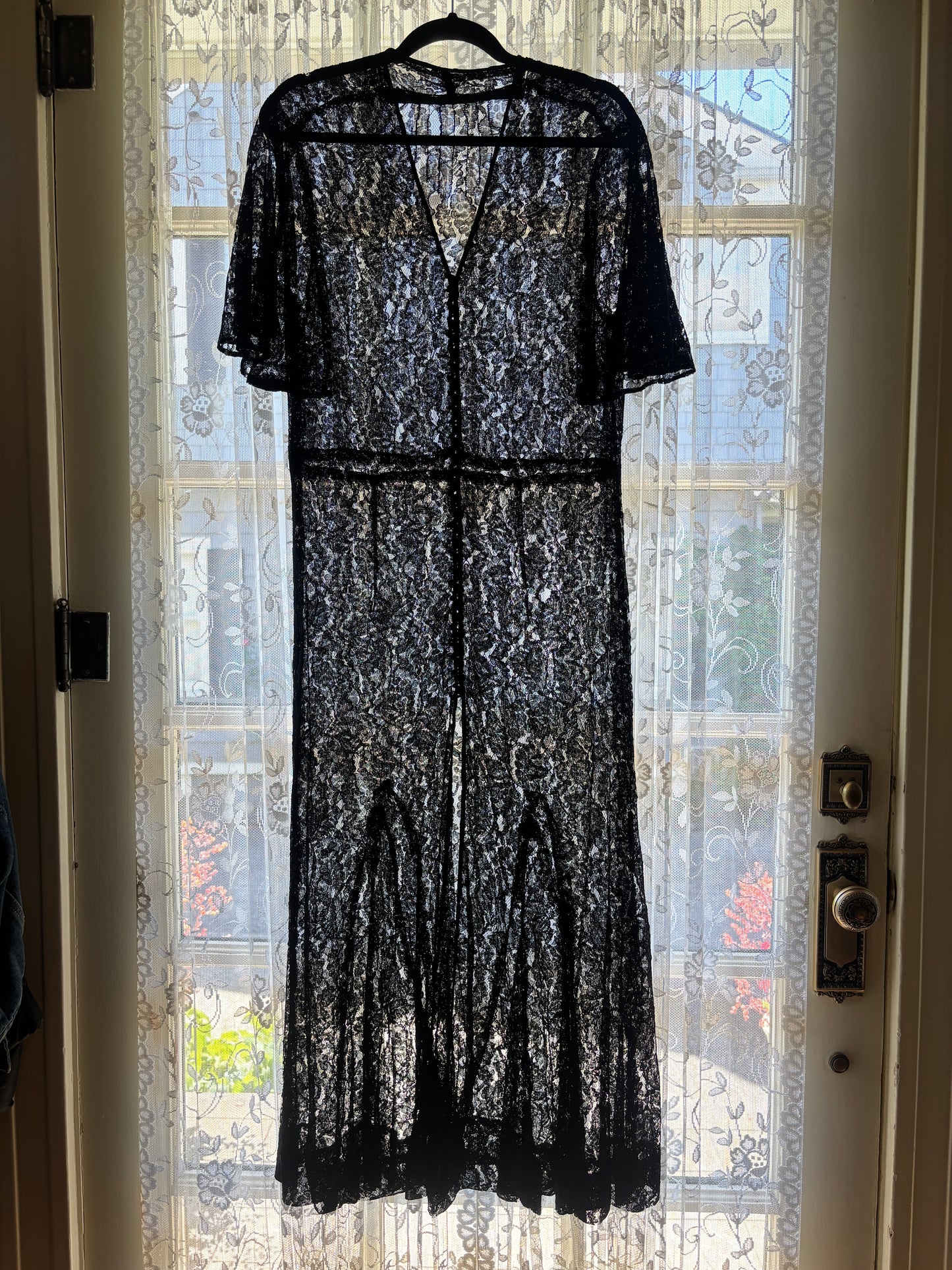Vintage 1930s Redingote - Volup! Summer Goth Black Sheer Lace Deco Duster Evening Jacket Dress Size L to XL