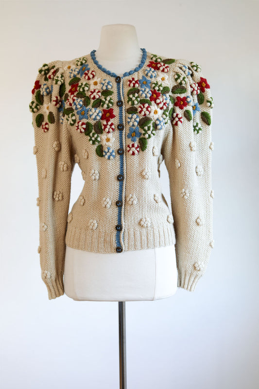Vintage 1980s Wolkenstricker Sweater - Hand-Knit Embroidered Folkloric German Cardigan Size M