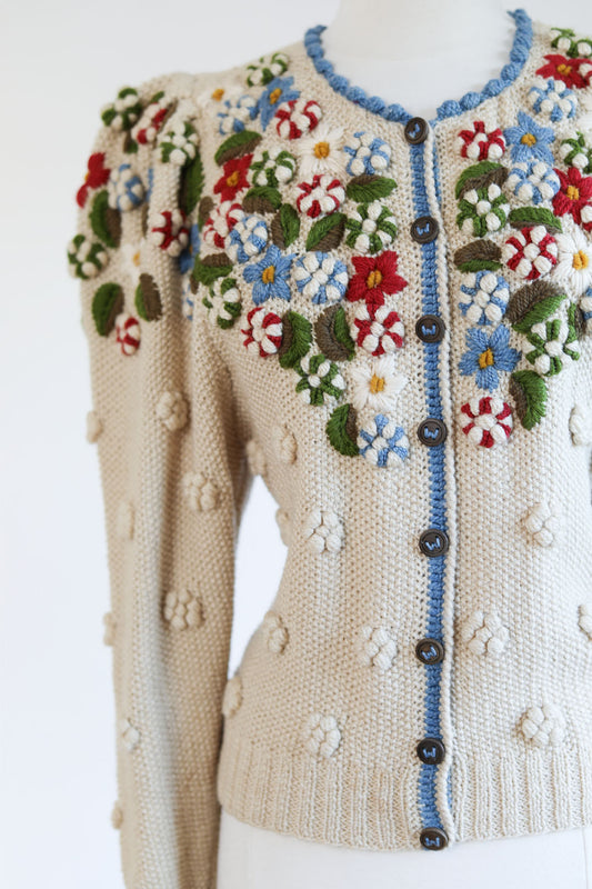 Vintage 1980s Wolkenstricker Sweater - Hand-Knit Embroidered Folkloric German Cardigan Size M