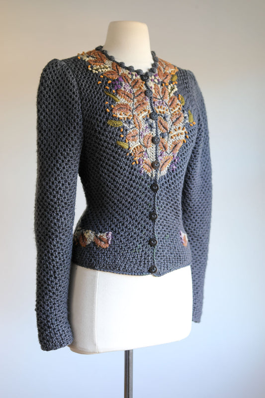 Vintage 1980s Wolkenstricker Sweater - Hand-Knit Embroidered Folkloric German Cardigan Size S to M