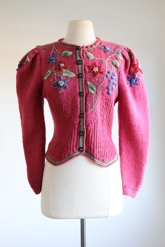 Vintage 1980s Wolkenstricker Sweater - Hand-Knit RARE PINK Embroidered Folkloric German Cardigan Size S to M