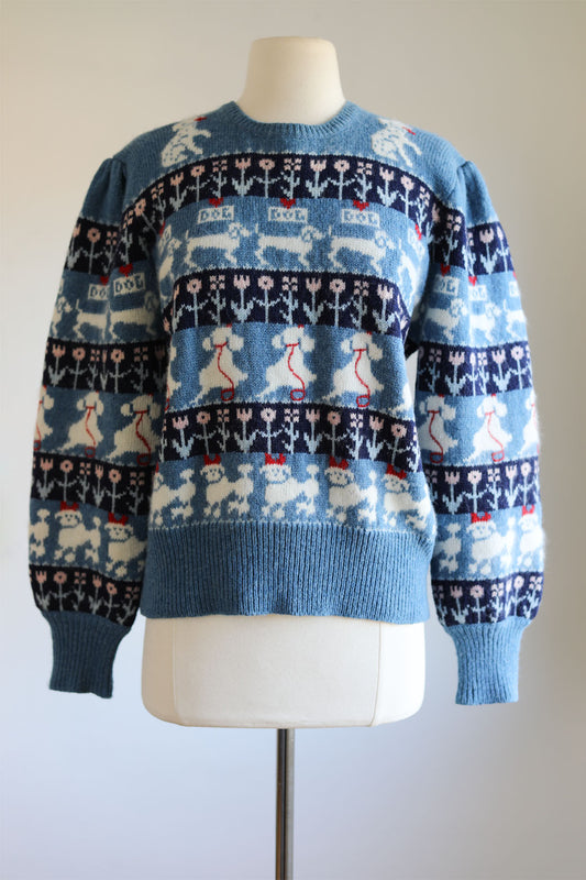 Vintage 1980s Ultimate Dog Lover Sweater - Susan Bristol Angora + Wool Blue Puff Novelty Sweater Size L