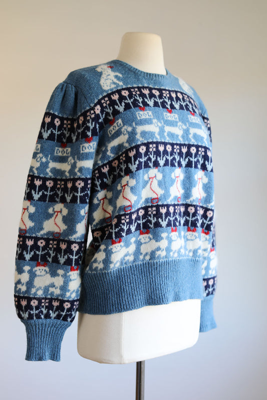 Vintage 1980s Ultimate Dog Lover Sweater - Susan Bristol Angora + Wool Blue Puff Novelty Sweater Size L
