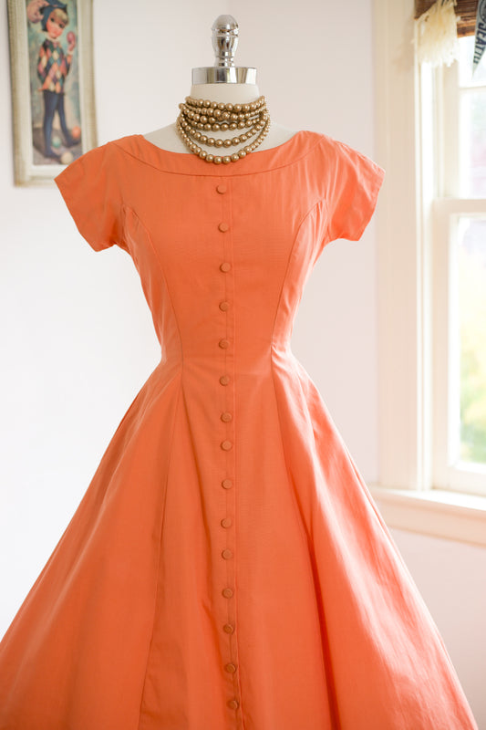 Vintage 1950s Coat Dress - Divine Jerry Gilden Soft Pumpkin Cotton Princess Seam Sundress w Rear Scoop + Bows! Size XS to S
