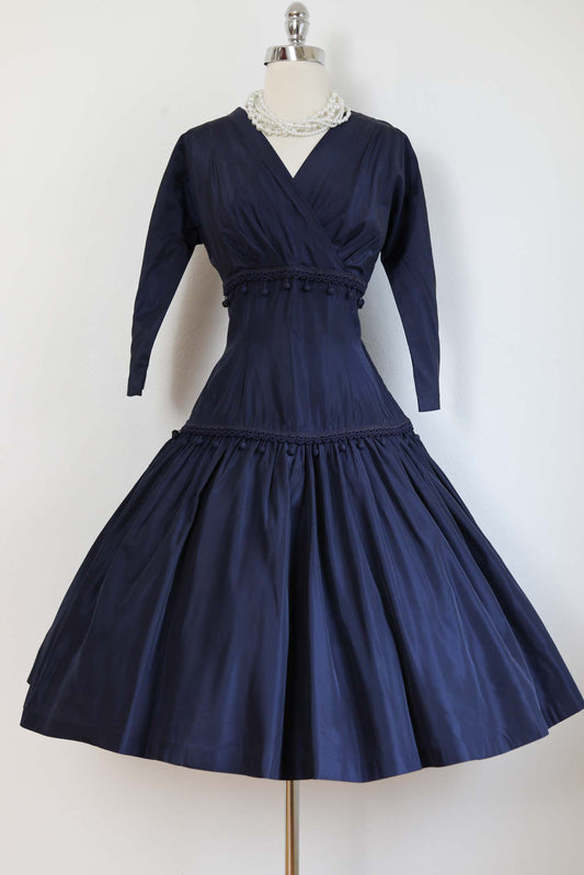 Vintage 1950s Dress - SUBLIME Midnight Blue Taffeta w Satin Gimp Trim Likely Suzy Perette Size M