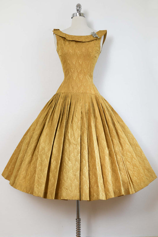 Vintage 1950s GIGI YOUNG Dress - Enchanting Designer Golden Silk Brocade Party Dress Size XS to S