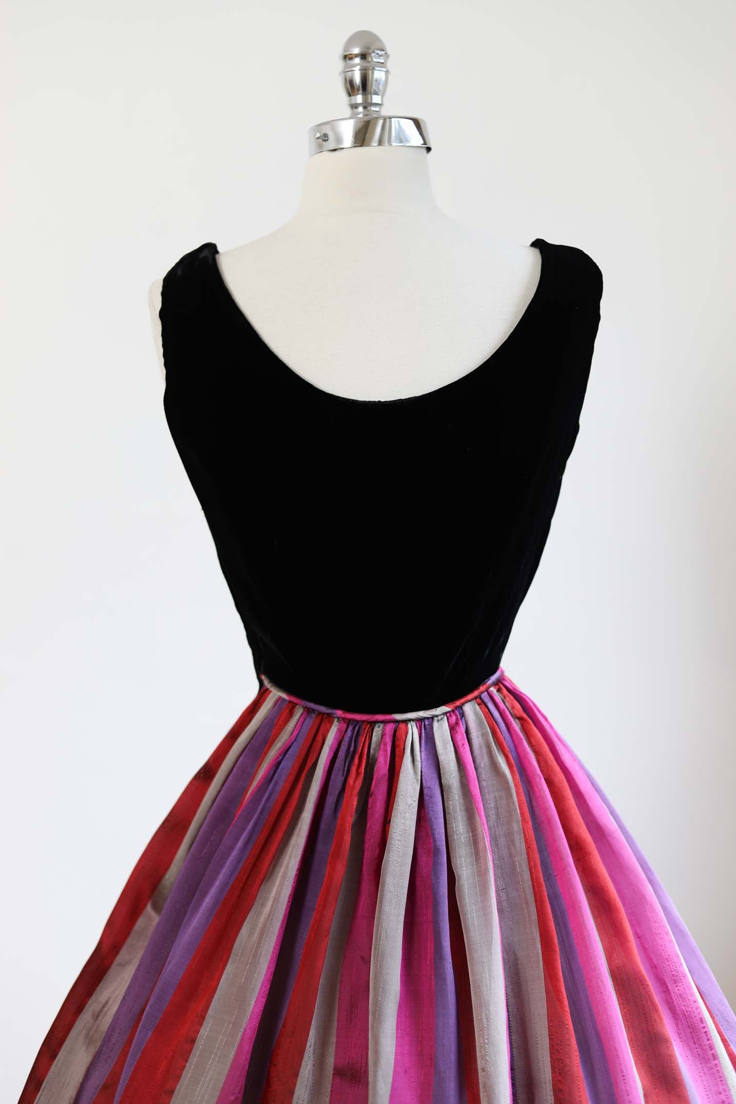 Vintage 1950s Party Dress - VIVACIOUS Black Silk Velvet + Sari Silk Candy Stripe Full Skirt Dress Size S