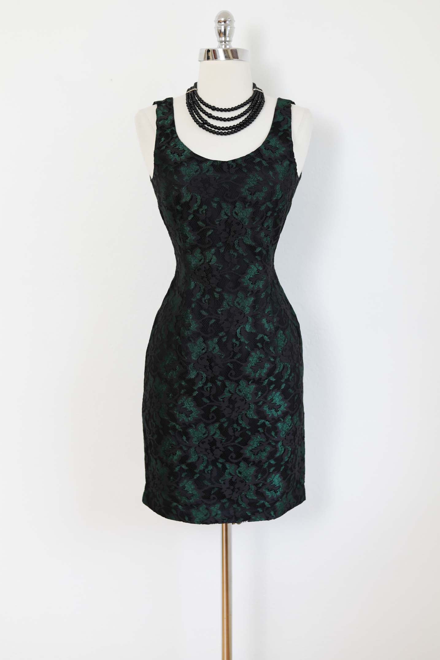 Vintage 1980s Cocktail Dress - SEXY Sculpted Hourglass Minidress w Black Lace over Emerald Green Size S