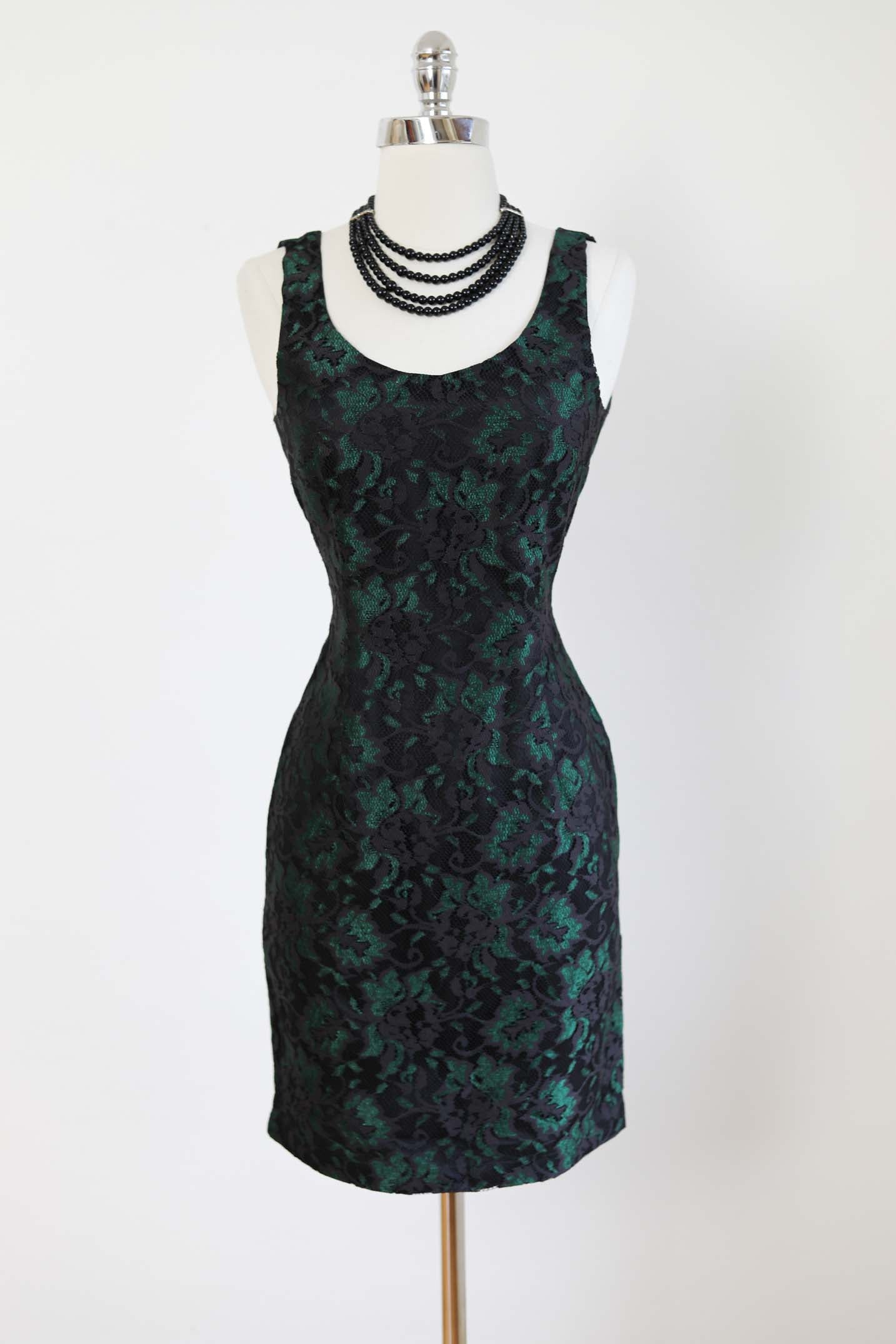 Vintage 1980s Cocktail Dress - SEXY Sculpted Hourglass Minidress w Black Lace over Emerald Green Size S