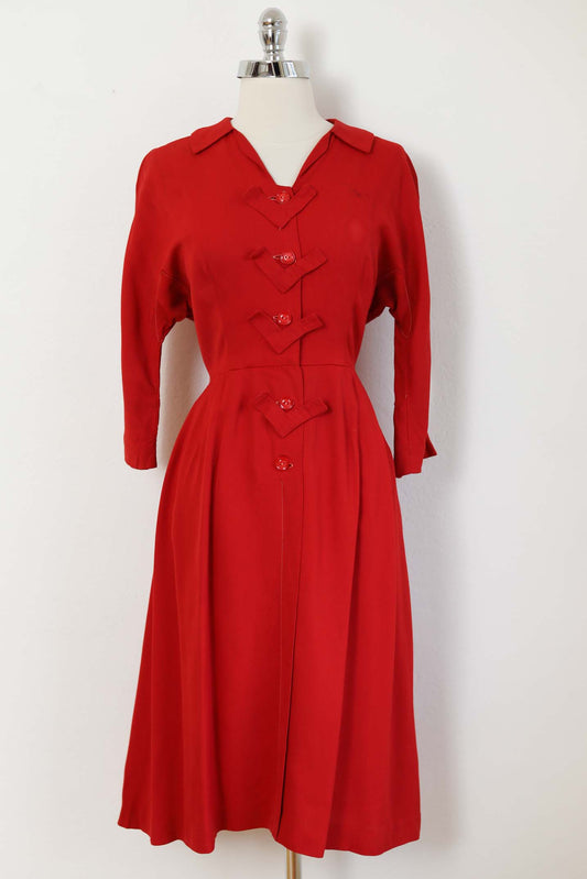 Vintage 1940s Victory Dress - NOVELTY Vs! Red Rayon Gabardine Shirtwaist by Carol Brent Size M to L