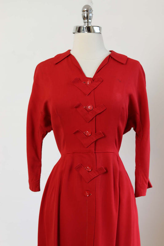 Vintage 1940s Victory Dress - NOVELTY Vs! Red Rayon Gabardine Shirtwaist by Carol Brent Size M to L