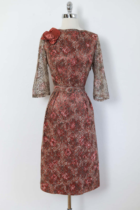 Vintage 1950s COPPER LACE Dress - Satin Rose + Rose Print and Matching Wrap Cocktail Dress Size M