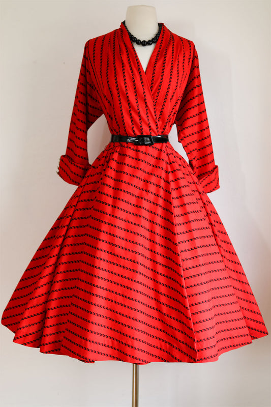 Vintage 1950s Dress - Devil Red + Black Acorn Novelty Print Wrap Full Skirt Cotton Dress Size M