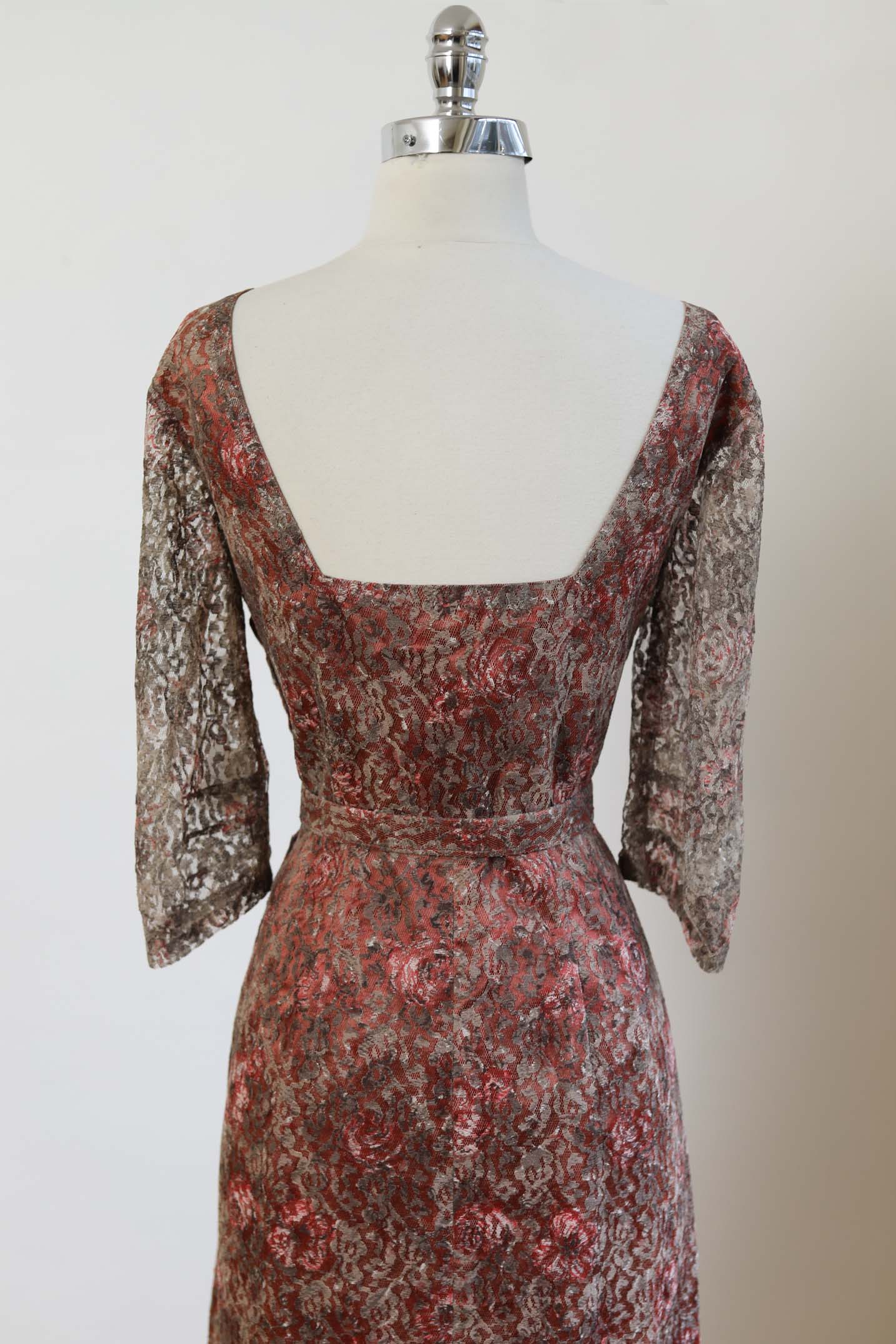 Vintage 1950s COPPER LACE Dress - Satin Rose + Rose Print and Matching Wrap Cocktail Dress Size M