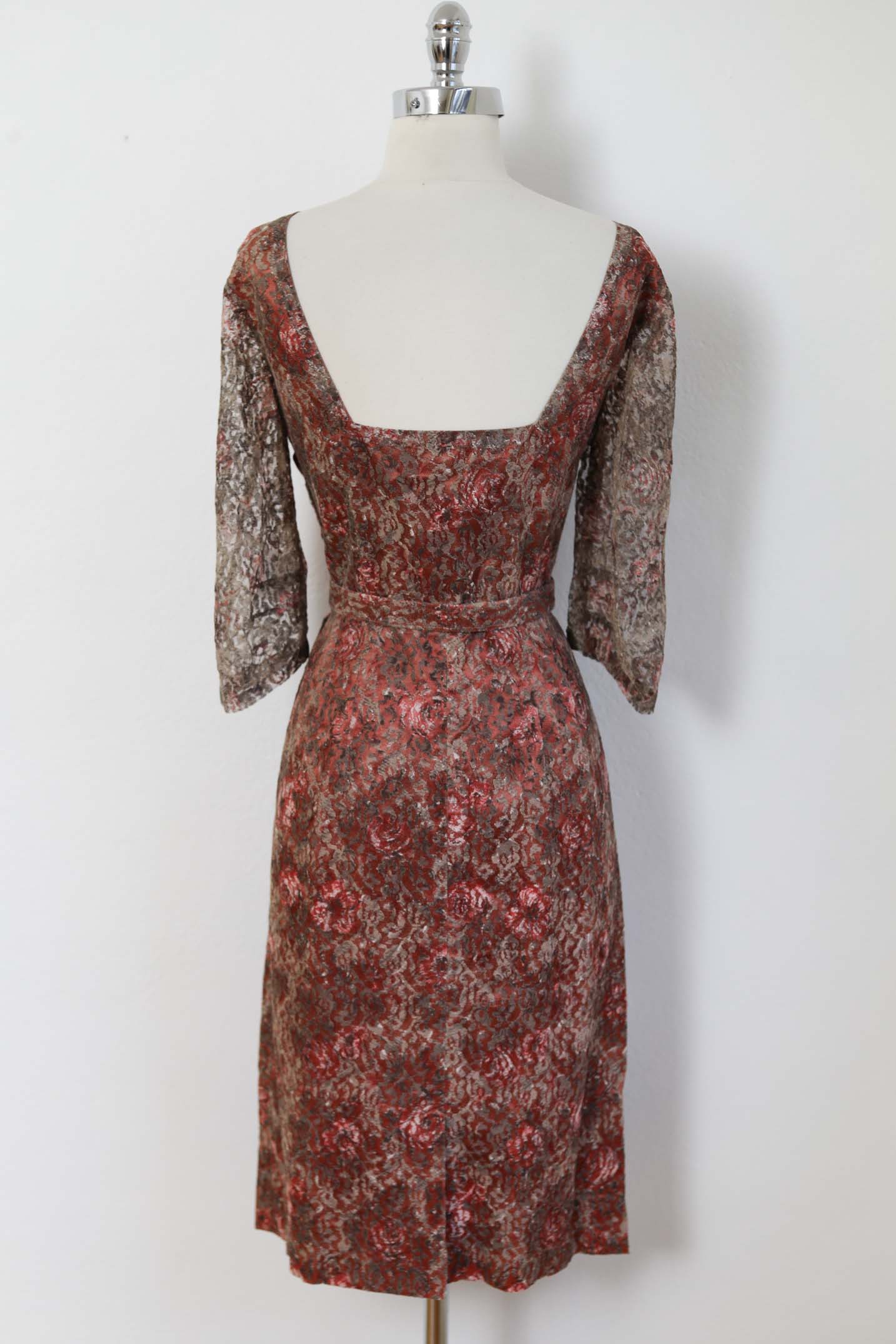 Vintage 1950s COPPER LACE Dress - Satin Rose + Rose Print and Matching Wrap Cocktail Dress Size M