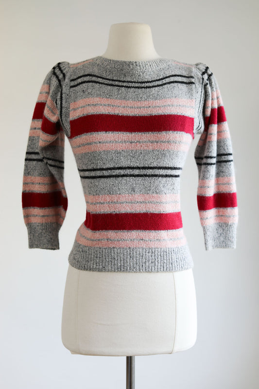 Vintage 1970s to 1980s Angora Silk Sweater - Cutest Colorblock Pink Wine Puff Sleeve Pullover Jumper Size XS to S