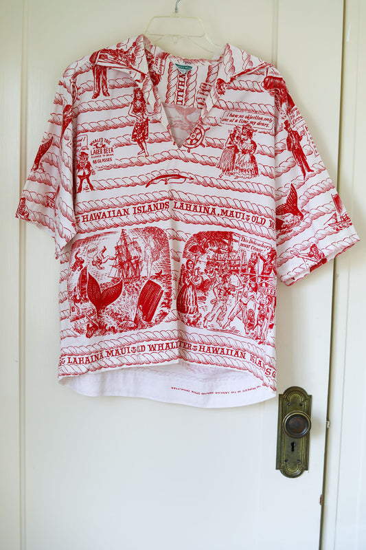 Vintage 1960s Men's Hawaiian Shirt - RARE Mildred's Hawaii Whaling + Drunken Debauchery Lahaina Maui Cotton Pullover Size L