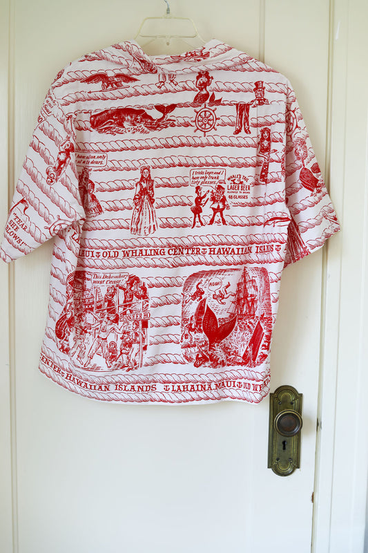 Vintage 1960s Men's Hawaiian Shirt - RARE Mildred's Hawaii Whaling + Drunken Debauchery Lahaina Maui Cotton Pullover Size L