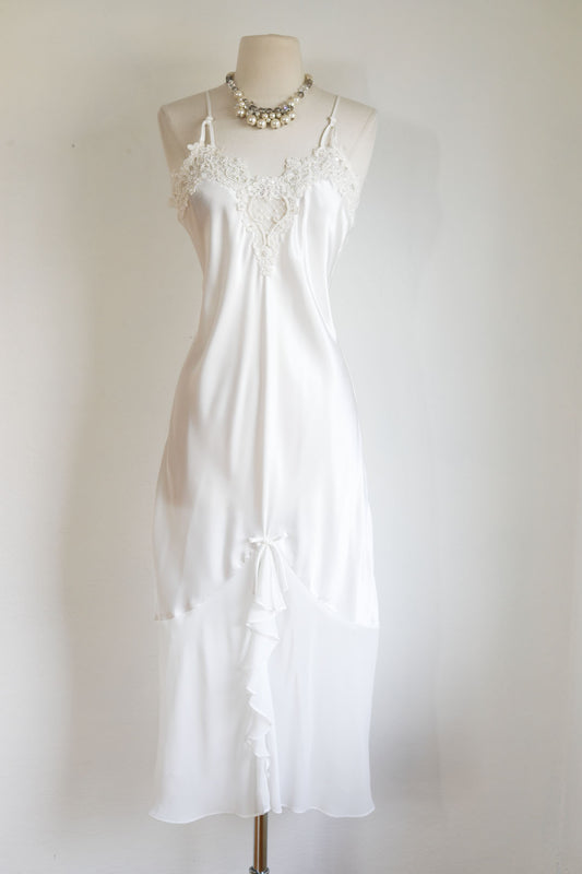 Vintage 1990s Y2K Nightgown - White Glossy Satin Bias-Cut Gown Dress w Beautiful Details Size XS to M