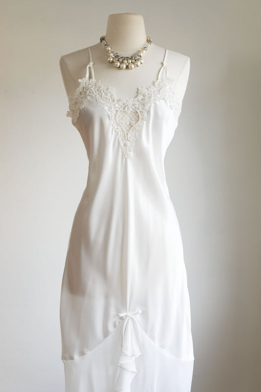 Vintage 1990s Y2K Nightgown - White Glossy Satin Bias-Cut Gown Dress w Beautiful Details Size XS to M