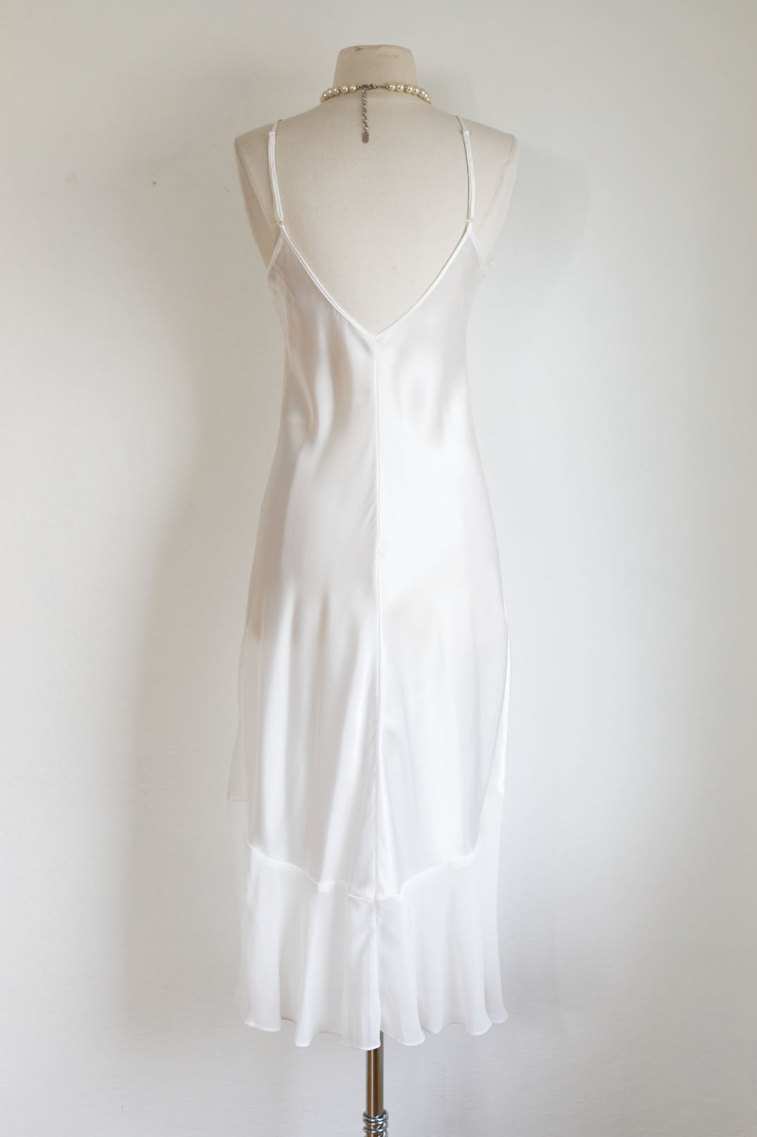 Vintage 1990s Y2K Nightgown - White Glossy Satin Bias-Cut Gown Dress w Beautiful Details Size XS to M
