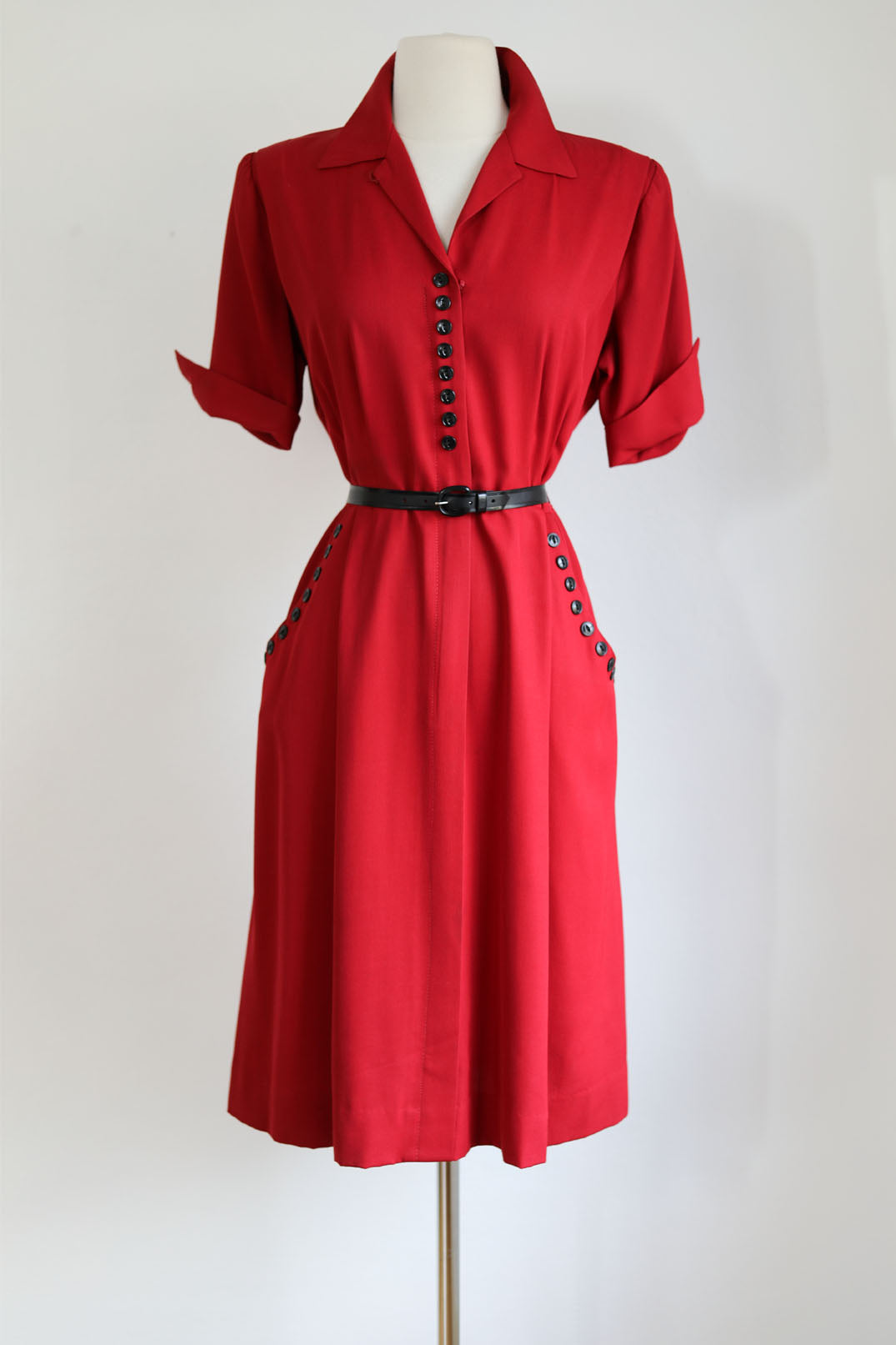 Vintage 1940s Dress - Lipstick Red Rayon Gabardine Front Metal Zipper Shirtwaist w 25 Bakelite Buttons! Size M to L