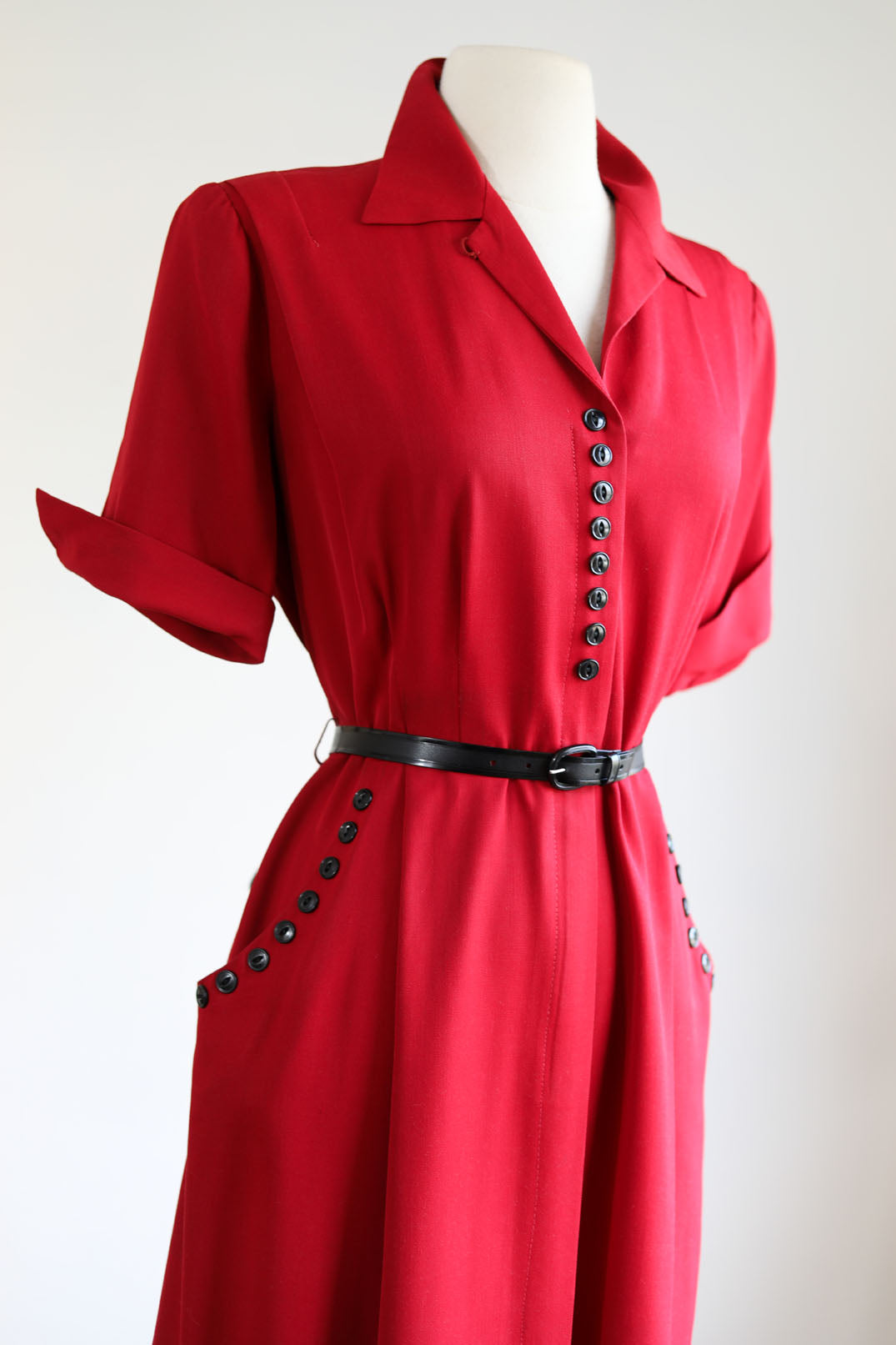 Vintage 1940s Dress - Lipstick Red Rayon Gabardine Front Metal Zipper Shirtwaist w 25 Bakelite Buttons! Size M to L