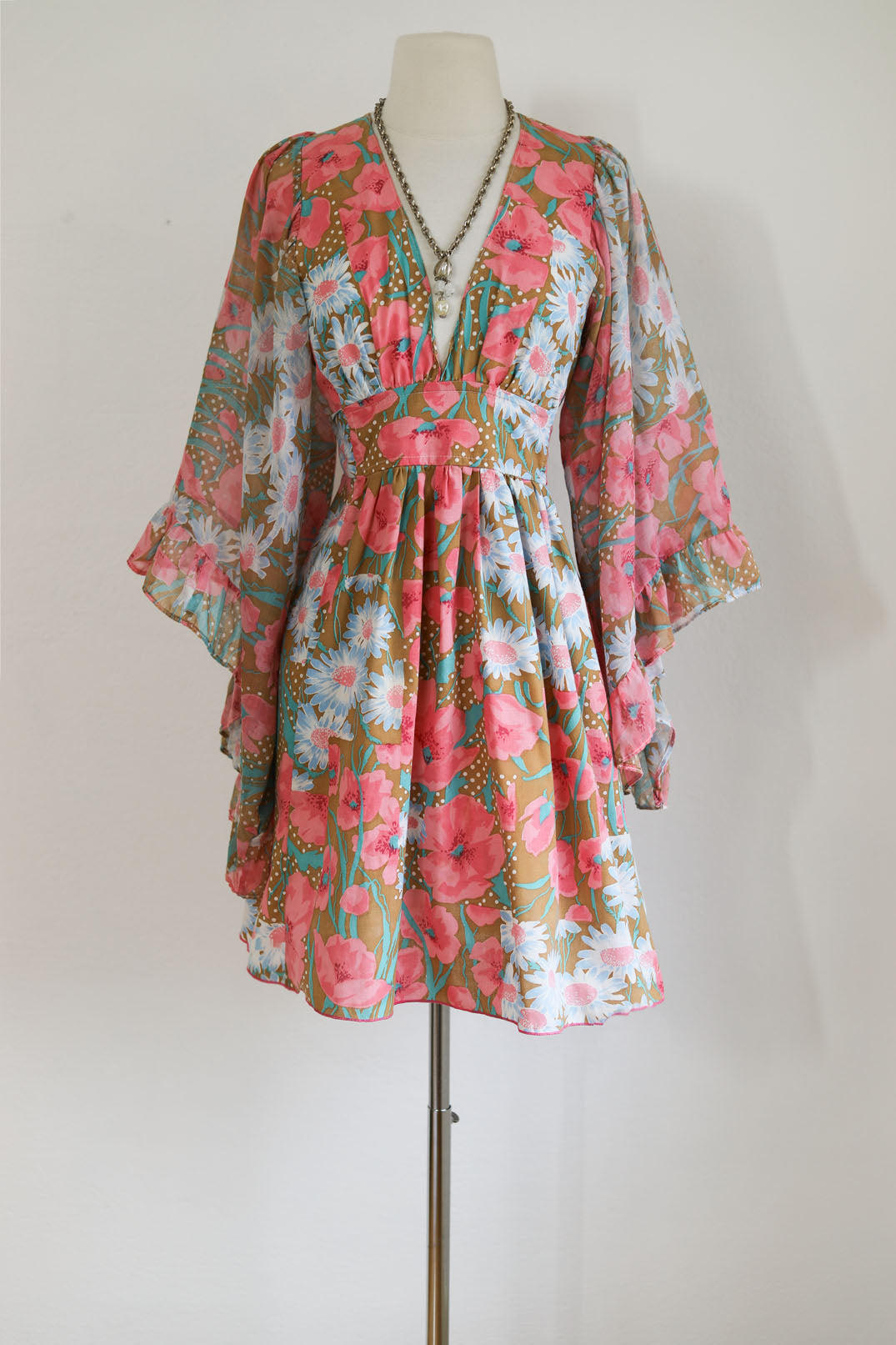 Vintage 1970s Angel Sleeve Dress - Most Beautiful Pink Golden Olive Poppy Daisy Print Gauze Cotton Belted Mini Size S to M