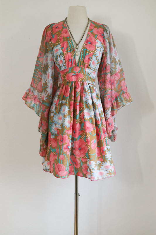 Vintage 1970s Angel Sleeve Dress - Most Beautiful Pink Golden Olive Poppy Daisy Print Gauze Cotton Belted Mini Size S to M