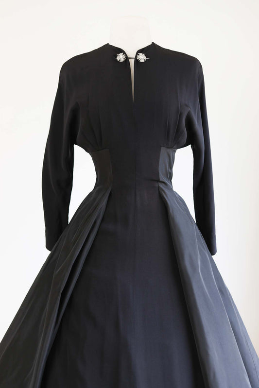 Vintage 1950s Party Dress - WOW-WORTHY Black Silk Carlye New Look Era Dress w Sparkling Rhinestones Size S