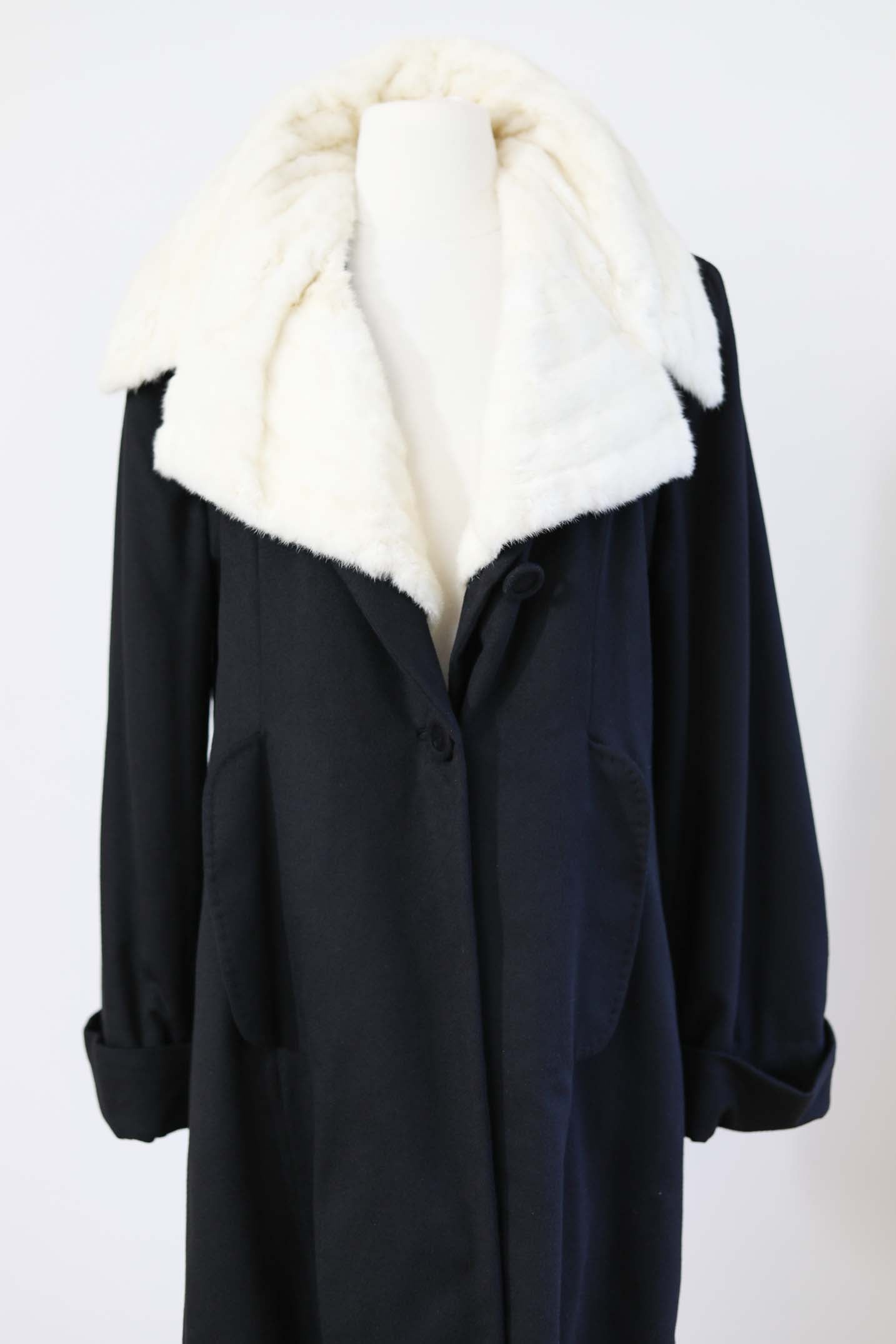 Vintage 1940s Princess Coat - MAGNIFICENT High Contrast Winter White Ermine Fur + Cashmere Swing Car Coat Size M - L